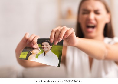 Breakup. Angry Girl Tearing Apart Photo Of Happy Moments With Ex-Boyfriend After Quarrel And Seperation Sitting Indoor. Selective Focus