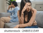 Breakup and depressed, asian young quarrel couple love fight relationship in trouble. Different people are emotion angry. Argue wife has expression upset with husband. Problem of family people.