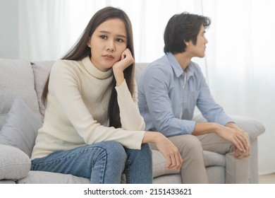 Breakup and depressed, asian young quarrel  couple love fight relationship in trouble. Different people are emotion angry. Argue wife has expression, upset with husband. Problem of family people. - Shutterstock ID 2151433621