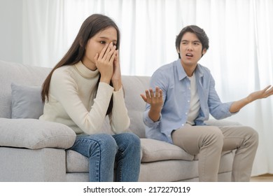 Breakup And Depressed, Asian Young Quarrel  Couple Love Fight Relationship In Trouble. Different People Are Emotion Angry. Argue Wife Has Expression, Upset With Husband. Problem Of Family People.