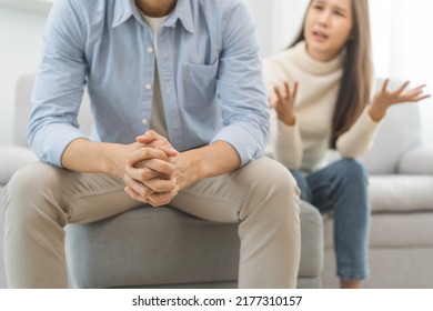 Breakup And Depressed, Asian Young Quarrel Couple Love Fight Relationship In Trouble. Different People Are Emotion Angry. Argue Wife Has Expression, Upset With Husband. Problem Of Family People.