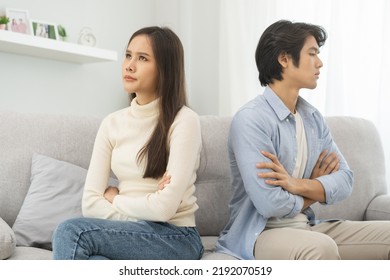 Breakup And Depressed, Asian Young Quarrel  Couple Love Fight Relationship In Trouble. Different People Are Emotion Angry. Argue Wife Has Expression, Upset With Husband. Problem Of Family People.