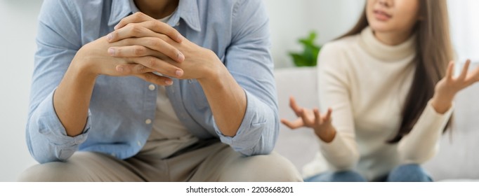 Breakup And Depressed, Asian Young Quarrel Couple Love Fight Relationship In Trouble. Different People Are Emotion Angry. Argue Wife Has Expression, Upset With Husband. Problem Of Family People.