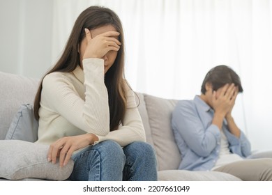 Breakup And Depressed, Asian Young Quarrel  Couple Love Fight Relationship In Trouble. Different People Are Emotion Angry. Argue Wife Has Expression, Upset With Husband. Problem Of Family People.