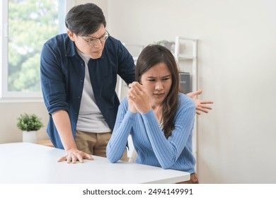 Breakup and depressed, asian young quarrel couple love fight relationship in trouble. Different people are emotion angry. Argue wife has expression, upset with husband. Problem of family people. - Powered by Shutterstock