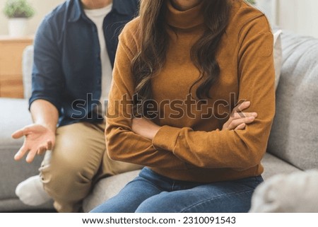 Breakup and depressed, asian young quarrel couple love fight relationship in trouble. Different people are emotion angry. Argue wife has expression upset with husband. Problem of family people.