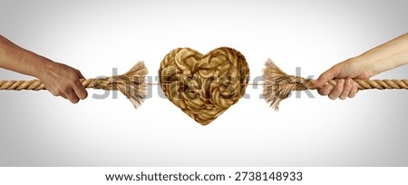 Breakup divorce and separation as relationship Challenges and problems with love marriage or counseling as couples therapy and intimacy or trust between a husband and a wife or a boyfriend and girlfriend as a heart tug of war breaking apart..