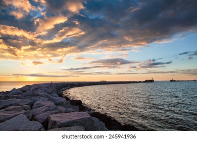 Breakwater Gates Harbor Sunset Dramatic Cloudy Stock Photo (Edit Now ...