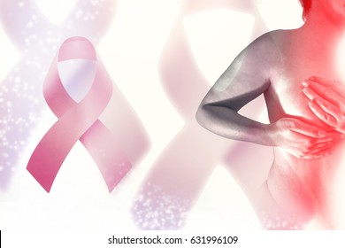 Breast Cancer Awareness Concept Naked Woman Performing Beast Cancer Check Pink Ribbon 