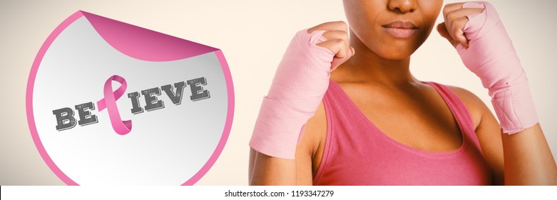 Breast cancer awareness message against pretty woman for breast cancer awareness - Powered by Shutterstock