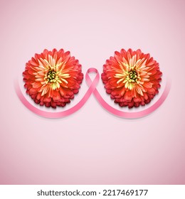 Breast Cancer Awareness Month: On a pink background, two flowers portray a breast. breast cancer concept - Shutterstock ID 2217469177
