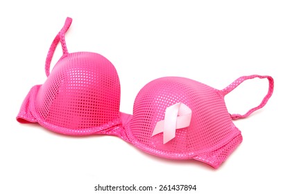 Breast Cancer Awareness Ribbon on Bra on White Background