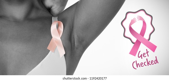 Breast Cancer Awareness Ribbons With Get Checked Text Against Woman For Breast Cancer Awareness In White Bra With Pink Ribbon