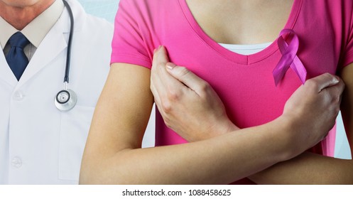 Breast Cancer Doctor And Woman With Pink Awareness Ribbon