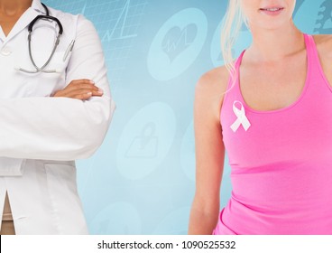 Breast Cancer Doctor And Woman With Pink Awareness Ribbon