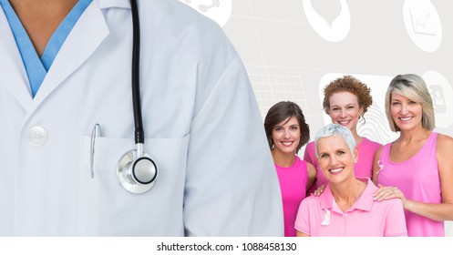 Breast Cancer Doctor And Women With Pink Awareness Ribbons