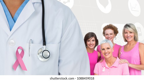 Breast Cancer Doctor And Women With Pink Awareness Ribbons