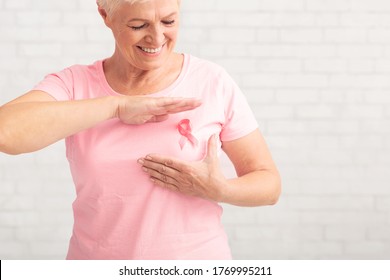 Breast Cancer Prevention. Senior Woman In Pink T-Shirt Framing Cancer Awareness Ribbon Posing Over White Brick Wall Indoor.