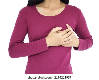 Breast Cancer. Woman Examining Breast Lump On White Background Health Care Concept. Closeup Photo, Blurred.