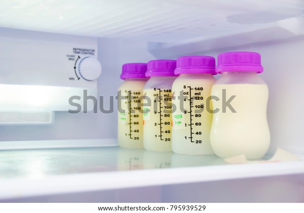 Breast Milk In The Bottle Inside Refrigerator  ,\
Newborn Food Concept