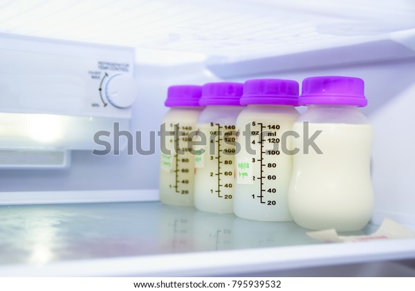 Breast Milk Bottle Inside Refrigerator Newborn Stock Photo