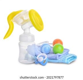 Breast Pump With Baby Items On White Background