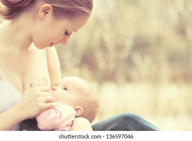 breastfeeding. mother feeding her baby in nature outdoors in the park