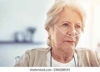 Breathing, oxygen and face of elderly woman thinking of health, depression in hospital and retirement, healthcare and insurance. Senior person, sick and depressed in clinic, home or appointment - Powered by Shutterstock