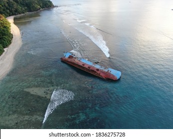 Breathtaking Aerial Drone View Of Pangandaran Beach With FV Viking Shipwreck Sink Boat, Being Illegal Fishing Monument As A Tourism Object, In West Java, Indonesia