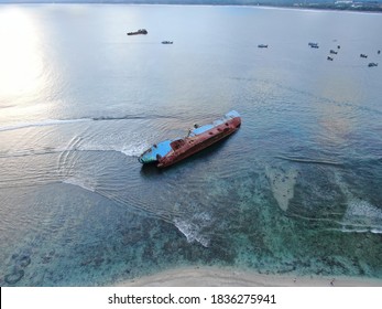 Breathtaking Aerial Drone View Of Pangandaran Beach With FV Viking Shipwreck Sink Boat, Being Illegal Fishing Monument As A Tourism Object, In West Java, Indonesia