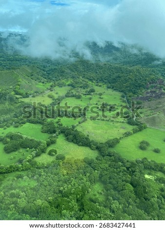 An breathtaking aerial view captures a patchwork of vibrant green fields and dense forests stretching across rolling hills under a hazy sky, showcasing pristine nature.