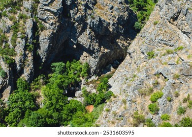 A breathtaking aerial view of a deep rocky canyon, with lush greenery at the bottom, highlighting the dramatic contrast between the rugged cliffs  - Powered by Shutterstock