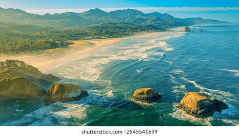 Breathtaking aerial view showcasing a rugged coastal landscape, with a sandy beach, rocky shoreline, and distant mountains under a clear blue sky. Perfect for nature, travel, or coastal imagery. - Powered by Shutterstock