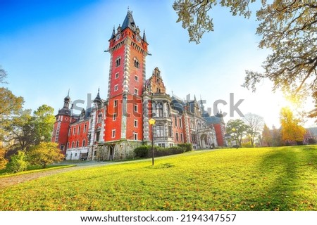 Breathtaking autumn landscape with Plawniowice palace. Popular tourist destination. Location: Plawniowice, Upper Silesia, Poland, Europe