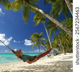 breathtaking beach on a tropical island with a woman relaxing on a colorful hammock, palms and turquoise sea                               