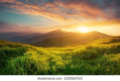 The breathtaking beauty of nature with this stunning mountain landscape scenery stock photo. As the sun sets, it casts a warm golden glow over the majestic peaks, creating a mesmerizing scene.  - Powered by Shutterstock