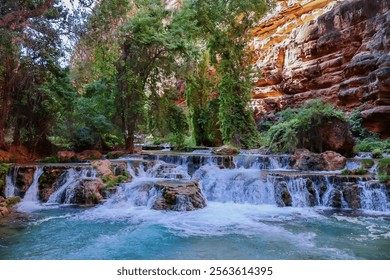 A breathtaking cascade of turquoise waterfalls surrounded by lush greenery and dramatic red canyon walls. This serene desert oasis is a hidden gem, perfect for nature lovers and adventurers alike. - Powered by Shutterstock