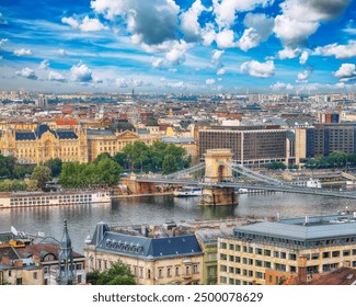 Breathtaking cityscape of Budapest with Széchenyi Chain bridge over Danube river. Location: Budapest city, Hungary, Europe.