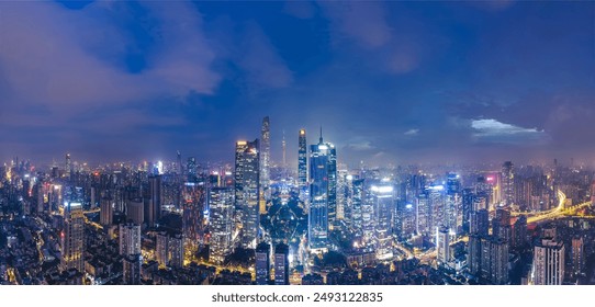 Breathtaking Cityscape Panorama at Night with Vibrant Lights - Powered by Shutterstock