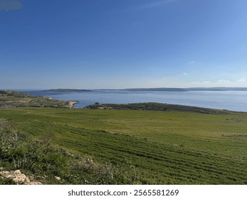 Breathtaking coastal landscape with vibrant green fields stretching toward a calm blue sea under a clear sky, offering a serene and picturesque natural view. - Powered by Shutterstock