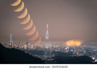 A breathtaking composite image of Taipei City skyline with fireworks and a lunar. The vibrant colors of the fireworks contrast beautifully with the serene glow of the moon, Taiwan. - Powered by Shutterstock