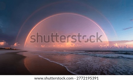 A breathtaking double rainbow forms a perfect arc over a tranquil beach at sunrise, with soft pastel colors painting the sky and reflecting on the wet sand.