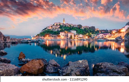 Breathtaking evening cityscape of Vrbnik town. Dramatic summer seascape of Adriatic sea, Krk island, Kvarner bay archipelago, Croatia, Europe. Beautiful world of Mediterranean countries. 