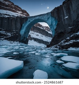 A breathtaking frozen bridge arches over a deep, icy chasm. Made entirely of clear, sparkling ice, it reflects the soft glow of the northern lights, blending with the vast snowy landscape around it.

 - Powered by Shutterstock