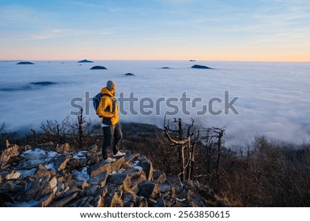 Breathtaking hiker standing on a rocky mountain peak, surrounded by a sea of clouds at sunrise. The scene is bathed in soft, warm light, enhancing the beauty of this tranquil moment in the mountains.