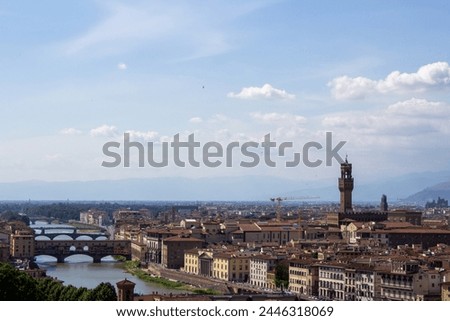 Breathtaking panorama over Florence, with the Arno River's bridges punctuating the city's historic architecture under a clear sky.