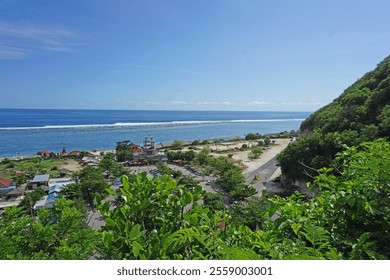 A breathtaking panorama of a pristine coastline, with a vibrant blue ocean, a sandy beach lined with palm trees, and a picturesque cliffside covered in lush vegetation. - Powered by Shutterstock