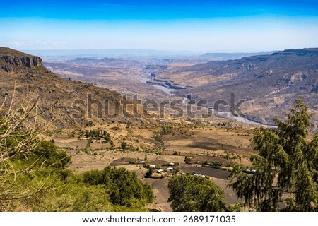 Breathtaking panoramic view of a deep canyon and a winding river cutting through the arid landscape of Oromia Region, Ethiopia.