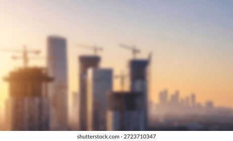 A breathtaking panoramic view of a developing city skyline at sunset, featuring numerous skyscrapers under construction, cranes, and the golden glow of the setting sun.