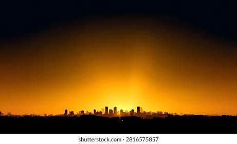 Breathtaking panoramic view featuring dark silhouette of modern city buildings set against vibrant golden sunset sky. Dramatic light beams emanate from behind skyline creating serene atmosphere. High resolution digital art composition suitable for desktop backgrounds and posters.